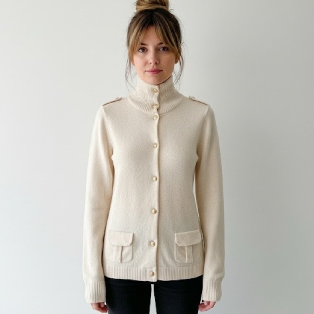 J.Crew Dream Cashmere Blend “Cadet” Funnel Neck Cardigan in Cream & Gold, Small